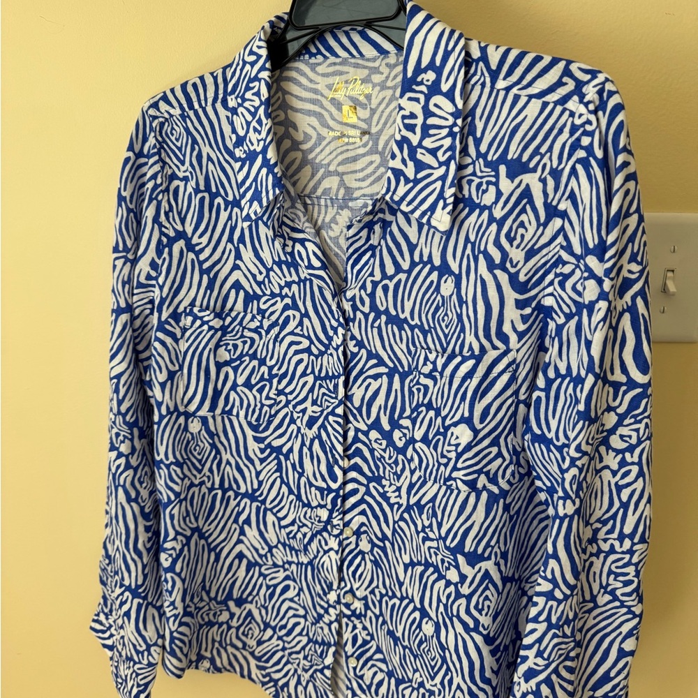 Lilly Pulitzer Blue and White Animal Print Shirt